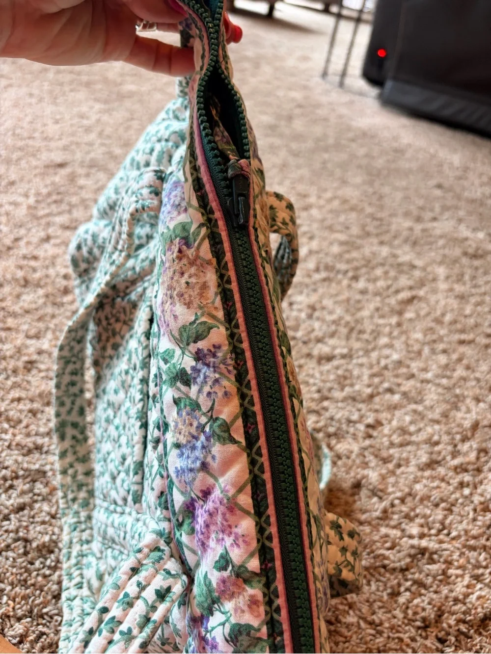 Vintage Vera Bradley Quilted Floral Tote in Cream and Green with Lavender Accent - Picture 5 of 5